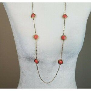 Bezel Set Stones Necklace 36" Gold Tone Long‎ Necklace Chain Coral Pink Beads